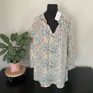 Carolina Belle Floral Print Blouse 3X Blush Pink Multi Front Tie NWT